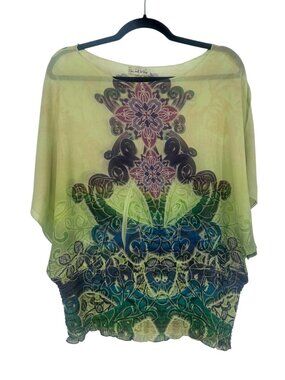 Live and Let Live Women’s Sage Green Peasant Blouse Large Batwing Boho Sheer